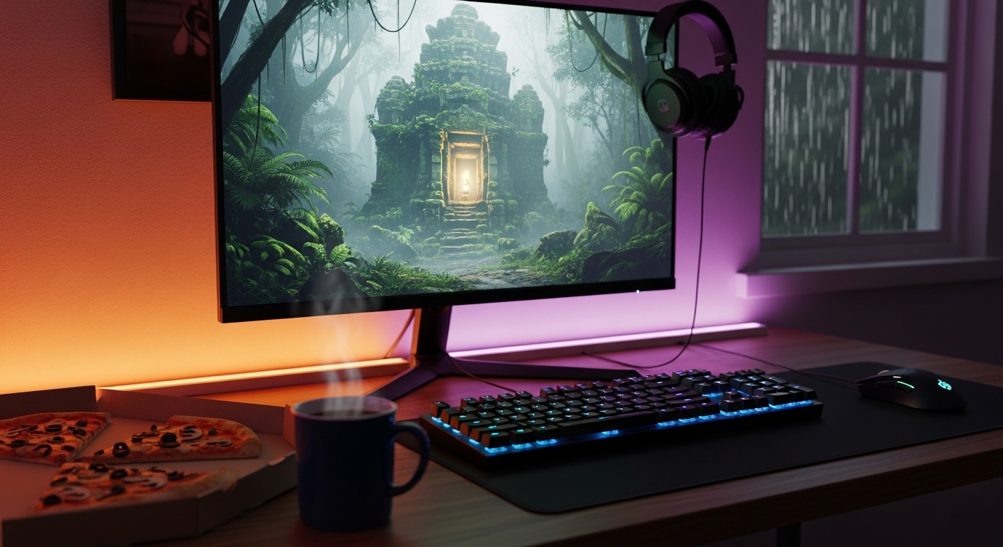 A cozy gaming room setup featuring a person playing a mysterious Adventure Games title